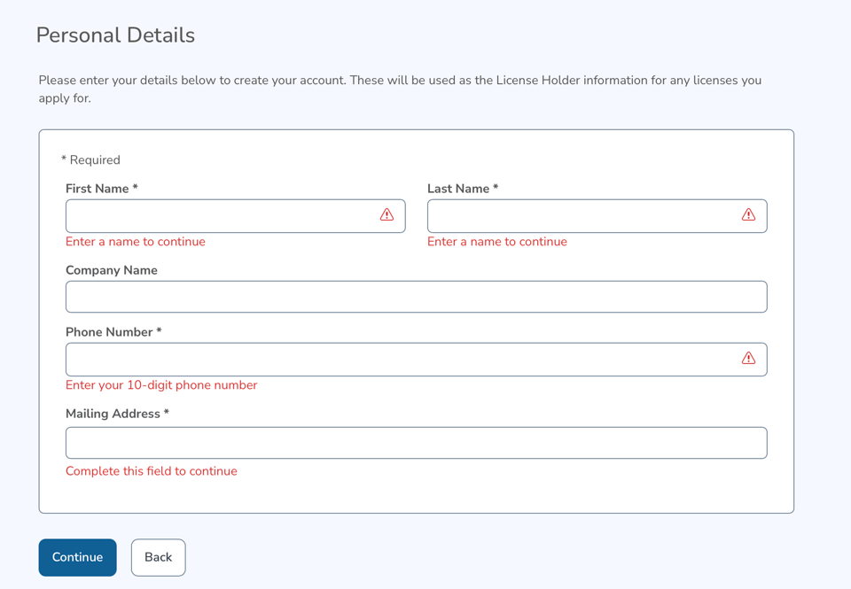 Flagstaff short-term rental license portal Personal Details form with applicant name, phone, email, and address fields