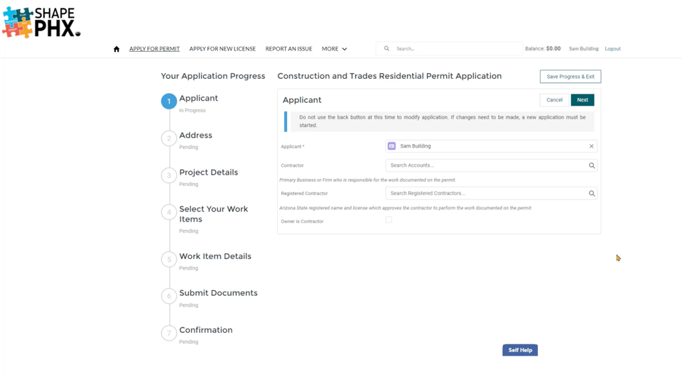 SHAPE PHX sample applicant information screen