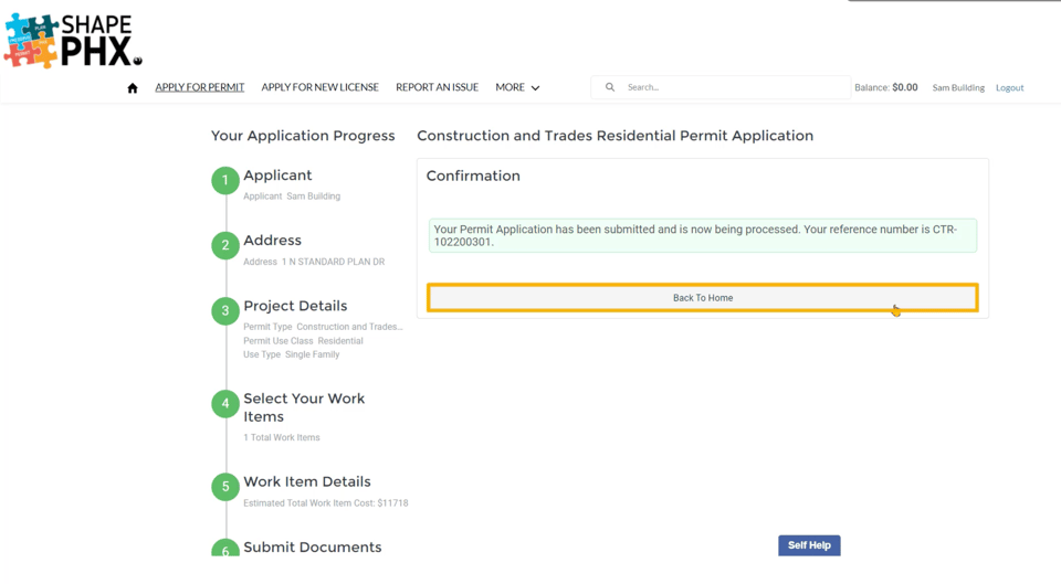 SHAPE PHX sample submission confirmation with an application reference number