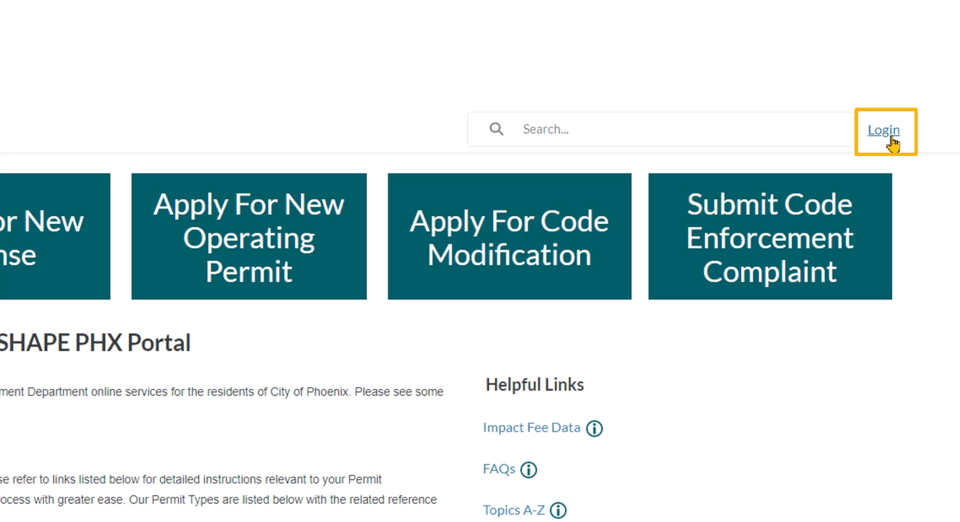 City of Phoenix SHAPE PHX portal entry page with a login action