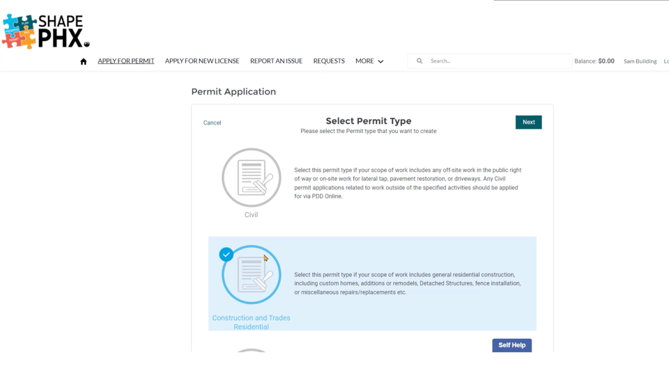 SHAPE PHX sample permit-type selection screen