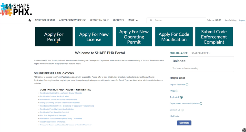 SHAPE PHX portal home showing the Apply action and application dashboard