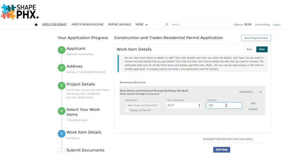 SHAPE PHX sample required work-items and document checklist