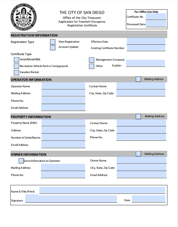 City of San Diego transient occupancy registration certificate application with operator, property, owner, and signature fields
