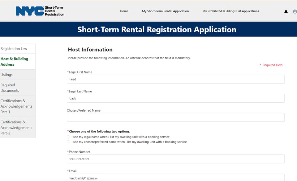 New York City OSE short-term rental registration Host Information form with example name, phone, and email values