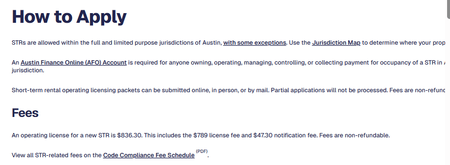 City of Austin short-term rental application guide showing online and in-person submission options