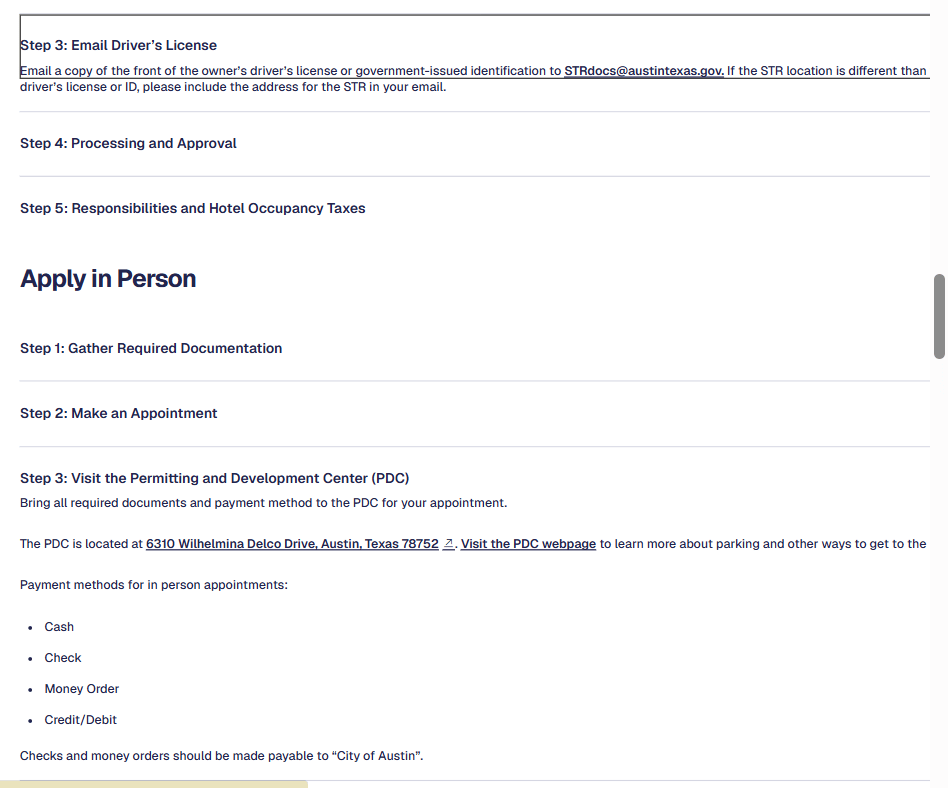 City of Austin short-term rental application guide explaining email document delivery and in-person processing