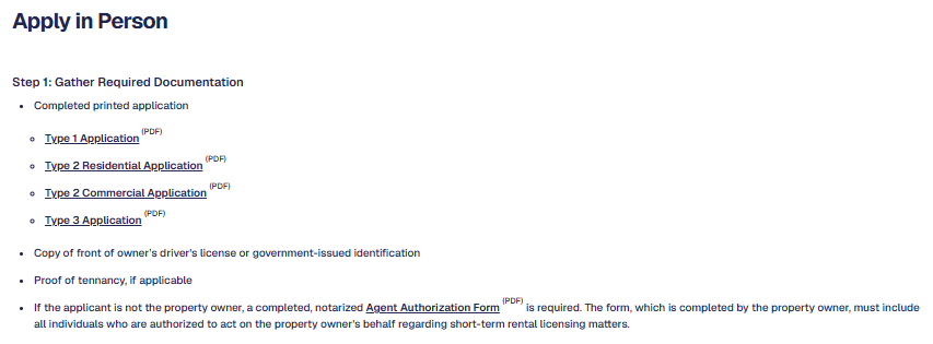 City of Austin short-term rental application guide listing the documents required for an in-person application