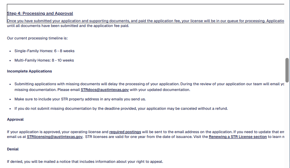 City of Austin short-term rental application guide describing processing, issuance, and renewal