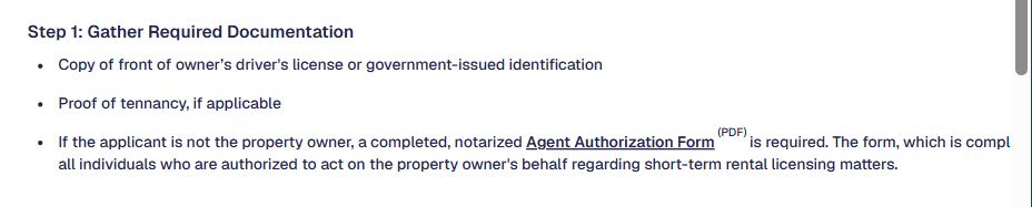 City of Austin short-term rental application guide listing the documents required for an owner application