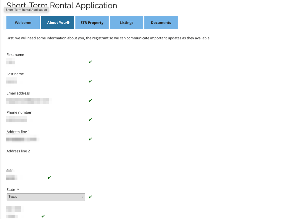 Houston short-term rental portal About You profile with personal values pixelated for privacy