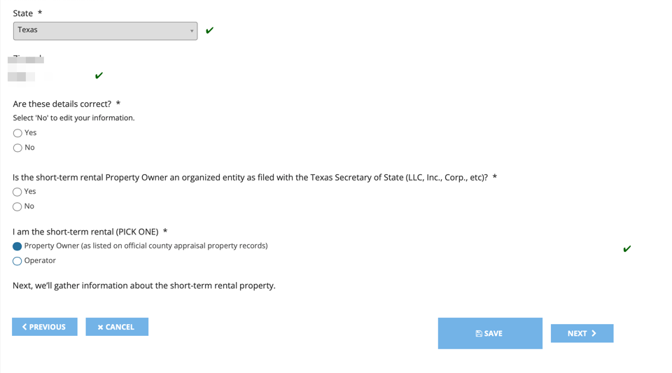 Houston short-term rental registration profile showing the confirmation and property-owner or operator role options, with the example ZIP code pixelated