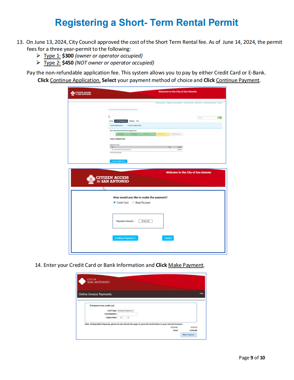 City of San Antonio BuildSA guide showing current Type 1 and Type 2 permit fees and the online payment screen