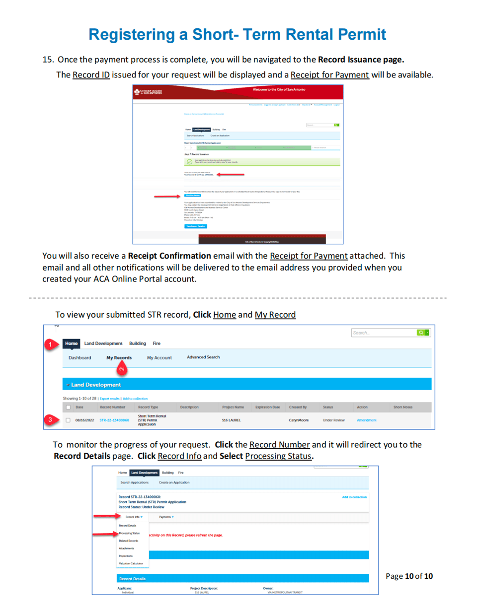 City of San Antonio BuildSA record issuance page showing the Record ID, receipt, and processing-status links
