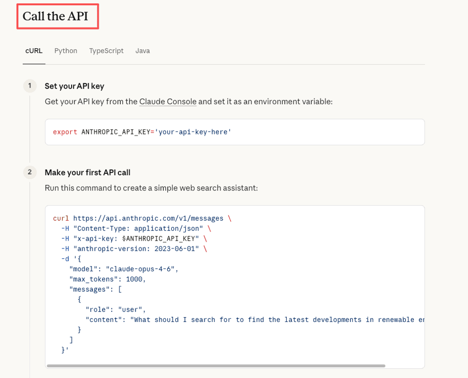 A curl code snippet demonstrating how to call the Anthropic interface in our claude pro vs api tutorial.
