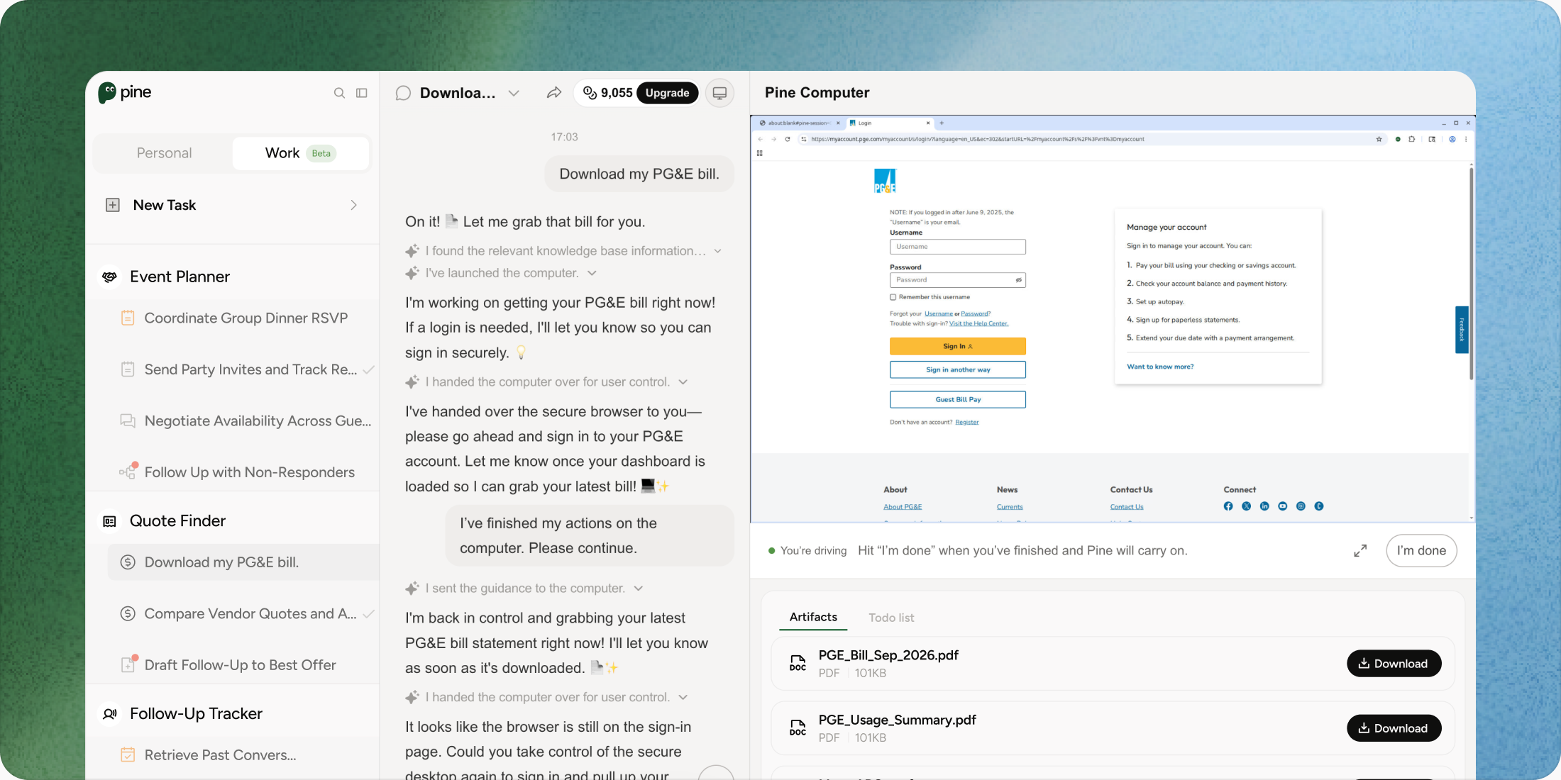 Pine Computer task workspace