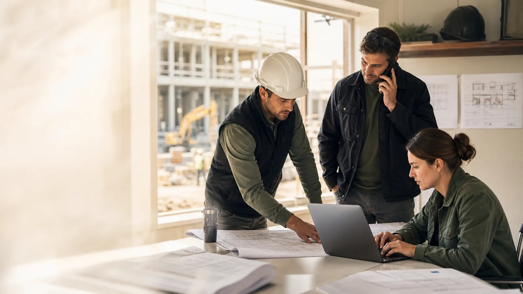 Construction team coordinating permit close-out work
